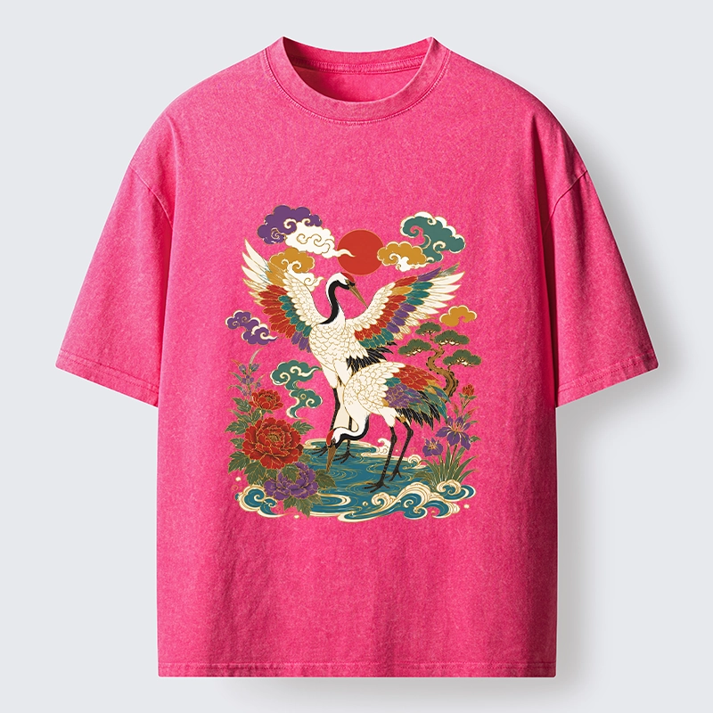 Tokyo-Tiger Traditional Japanese Cranes Art Print Washed T-Shirt