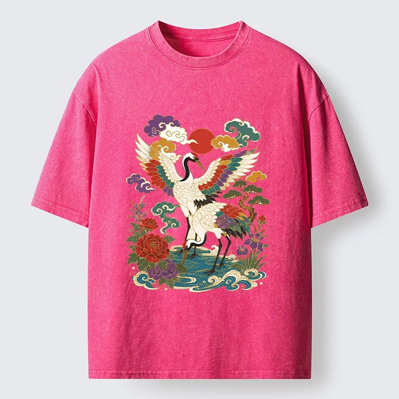 Tokyo-Tiger Traditional Japanese Cranes Art Print Washed T-Shirt
