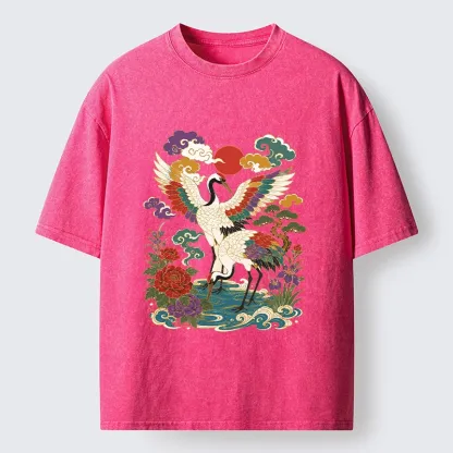 Tokyo-Tiger Traditional Japanese Cranes Art Print Washed T-Shirt