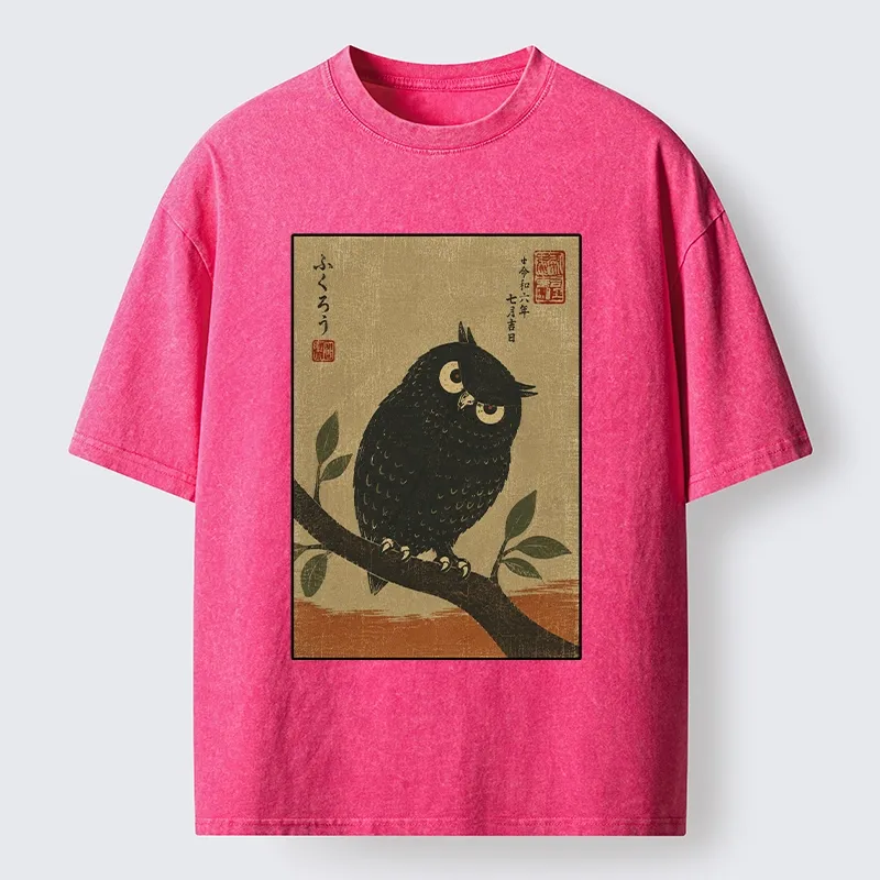 Tokyo-Tiger Traditional Black Owl Art Vibe Washed T-Shirt