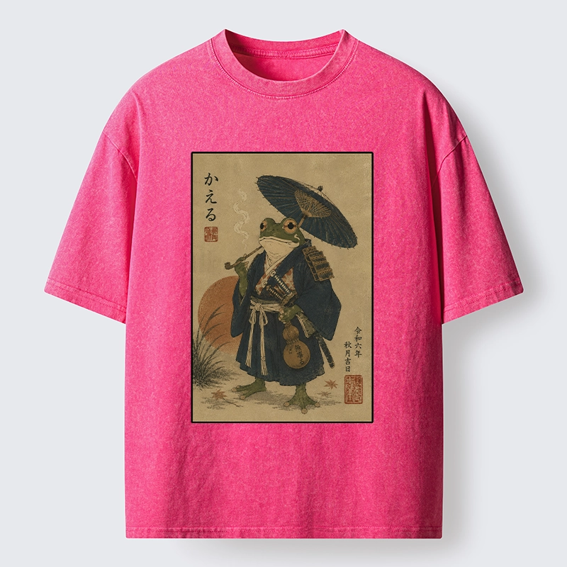 Tokyo-Tiger Cool Frog Samurai In Kimono Washed T-Shirt