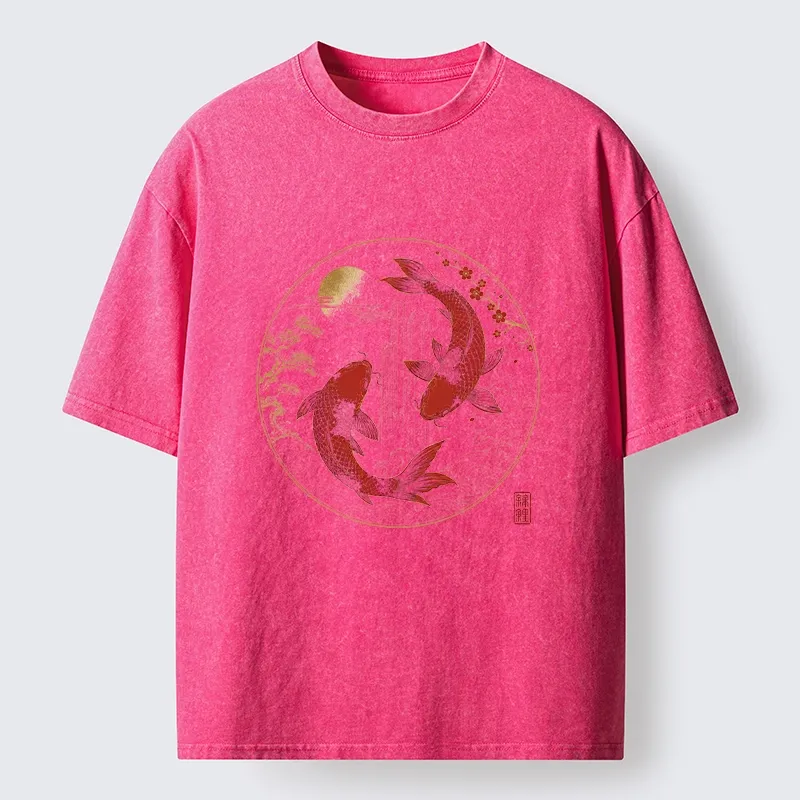 Tokyo-Tiger Lucky Koi Fish With Cherry Blossoms Washed T-Shirt