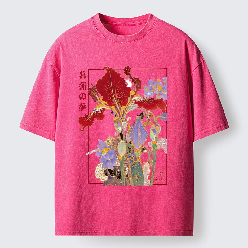 Tokyo-Tiger Antique Japanese Iris Flower Painting Washed T-Shirt