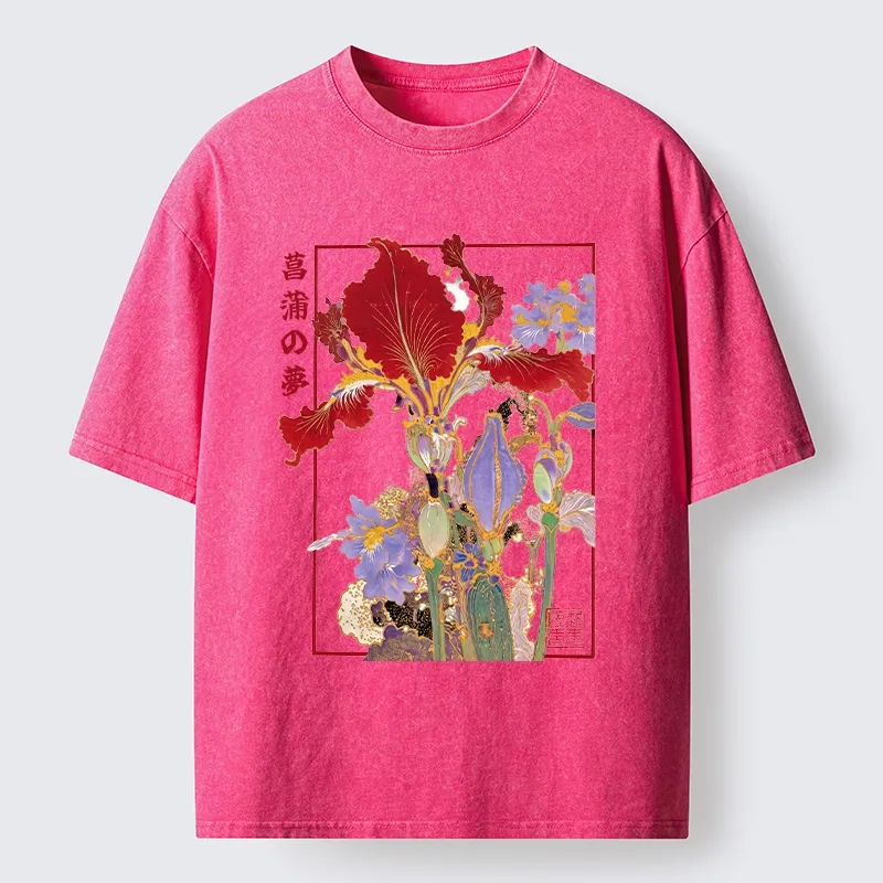 Tokyo-Tiger Antique Japanese Iris Flower Painting Washed T-Shirt