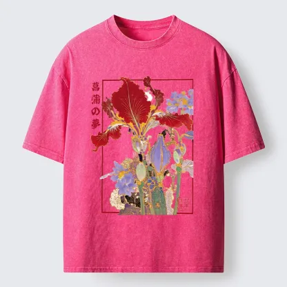 Tokyo-Tiger Antique Japanese Iris Flower Painting Washed T-Shirt