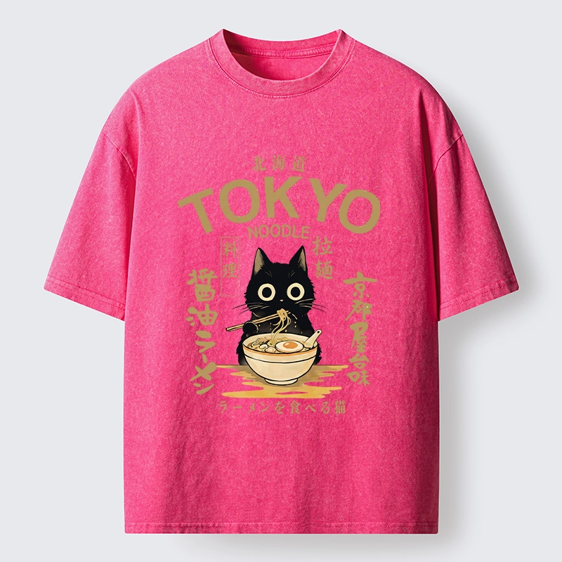 Tokyo-Tiger Black Cat Enjoys Warm Ramen Bowl Washed T-Shirt