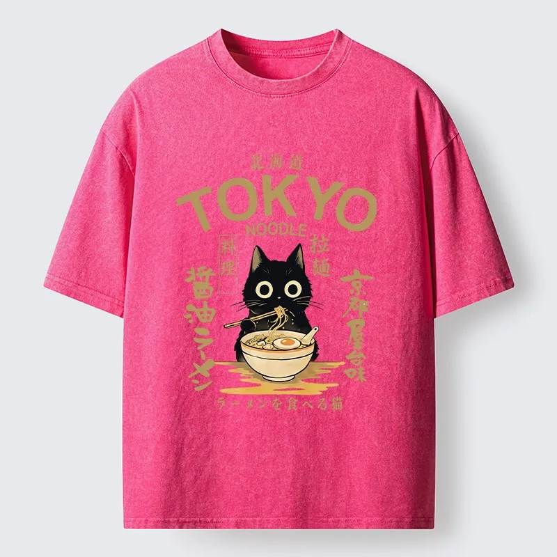 Tokyo-Tiger Black Cat Enjoys Warm Ramen Bowl Washed T-Shirt