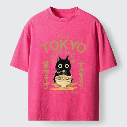 Tokyo-Tiger Black Cat Enjoys Warm Ramen Bowl Washed T-Shirt