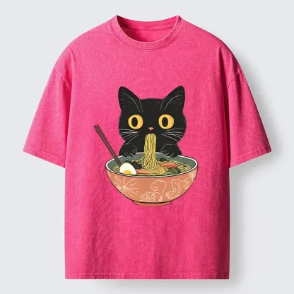 Tokyo-Tiger Black Cat Focused On Ramen Feast Washed T-Shirt