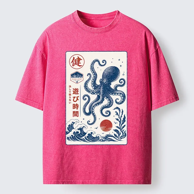 Tokyo-Tiger Octopus Swims In Wild Ocean Waves Washed T-Shirt