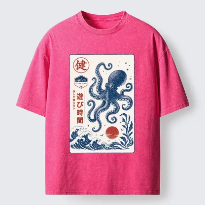 Tokyo-Tiger Octopus Swims In Wild Ocean Waves Washed T-Shirt
