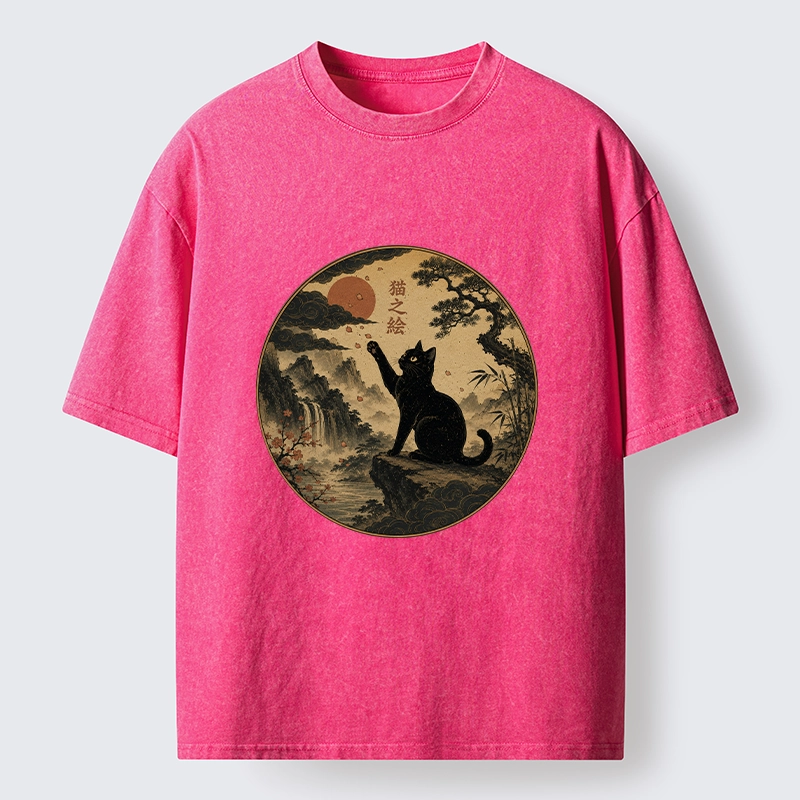 Tokyo-Tiger Serene Nature Scene Of Curious Ink Black Cat Washed T-Shirt