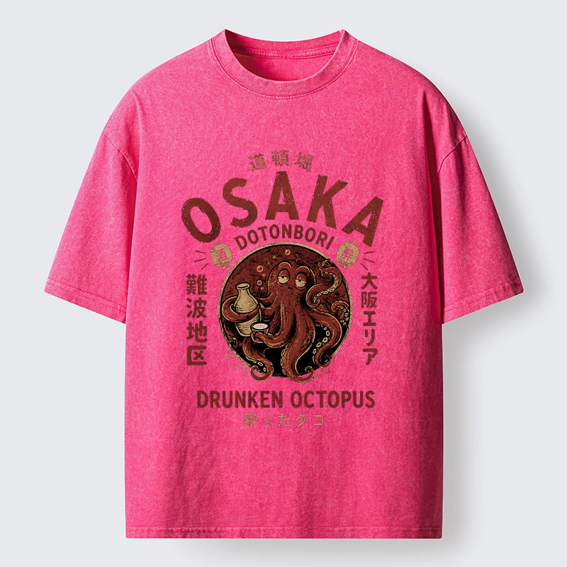 Tokyo-Tiger Osaka Artwork Of Wine Drunk Octopus Washed T-Shirt