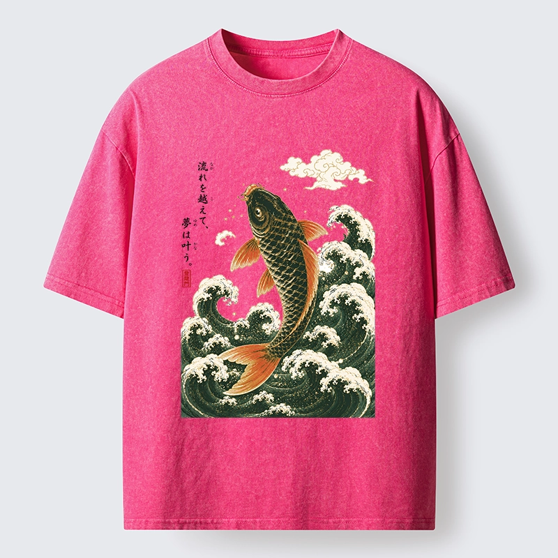Tokyo-Tiger Japanese Koi Ascends Over Foamy Sea Waves Washed T-Shirt