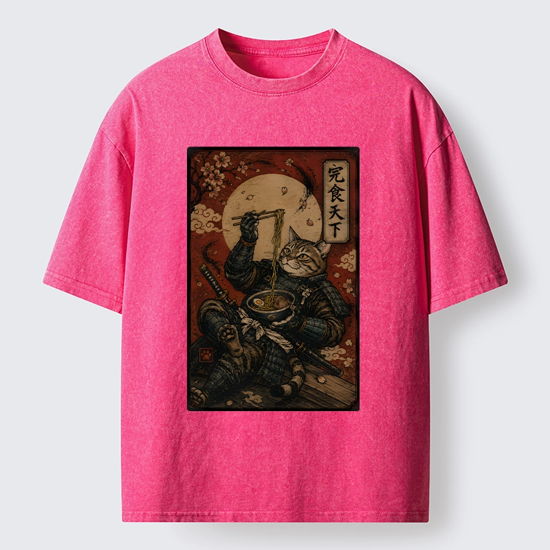 Tokyo-Tiger Bushido Cat Takes A Cozy Ramen Break Washed T-Shirt