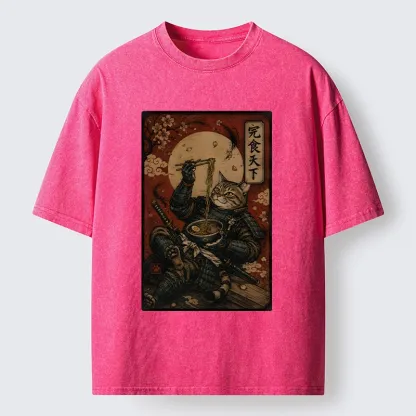 Tokyo-Tiger Bushido Cat Takes A Cozy Ramen Break Washed T-Shirt