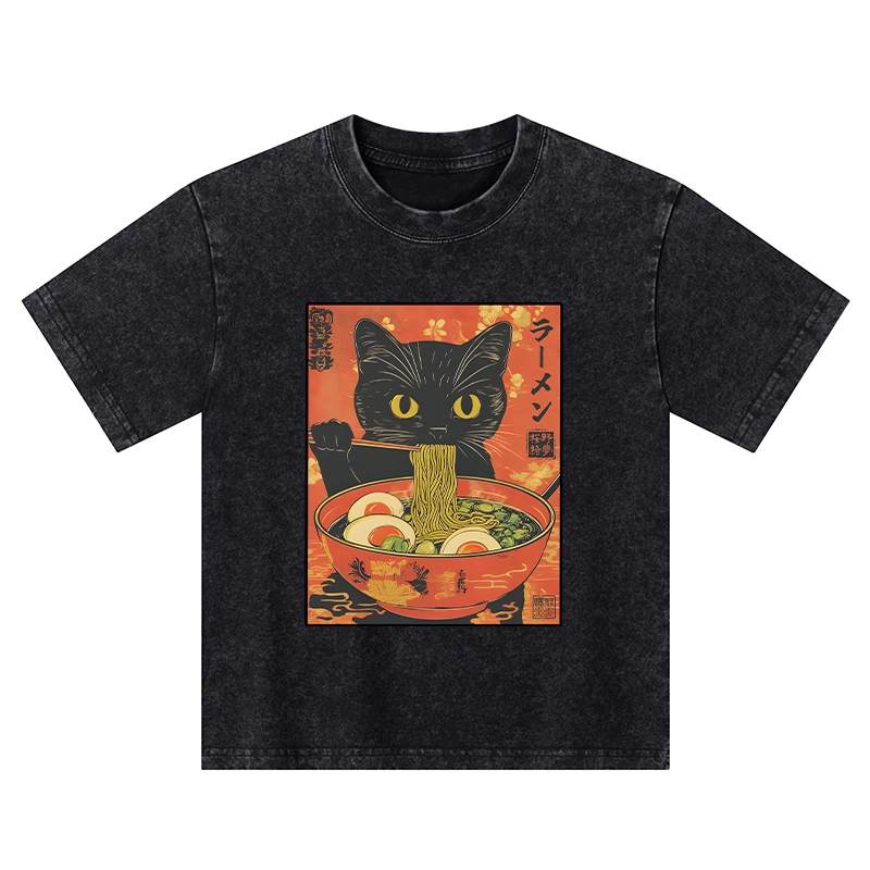 Tokyo-Tiger Hungry Black Cat Loves Ramen Kids Washed T-Shirt