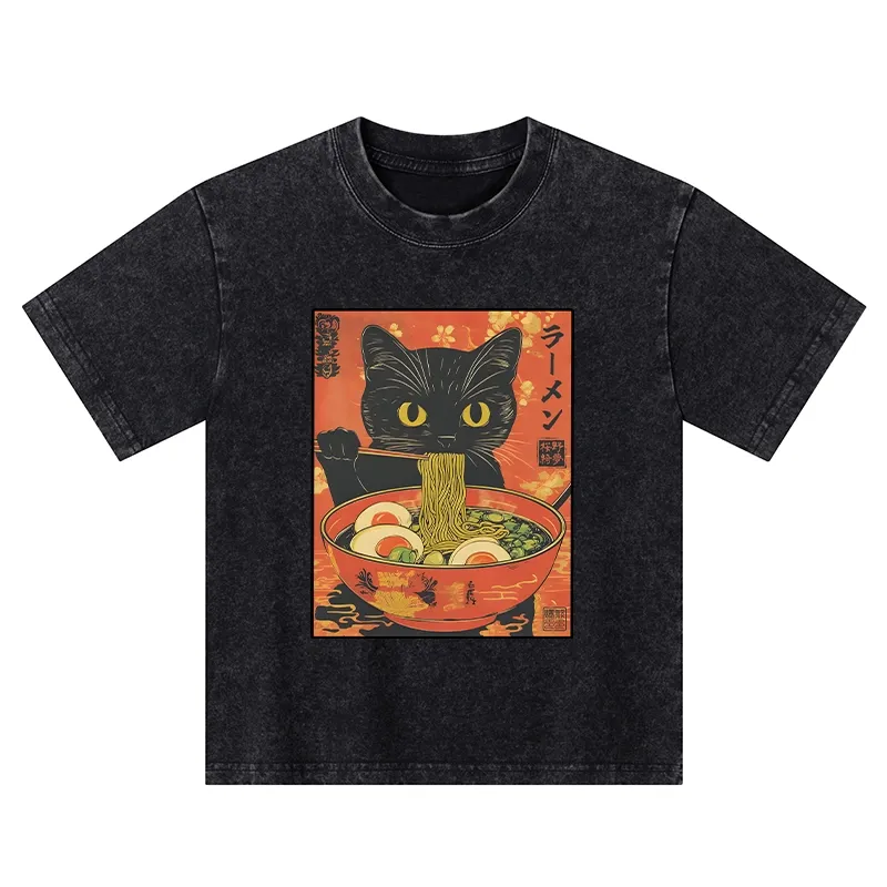 Tokyo-Tiger Hungry Black Cat Loves Ramen Kids Washed T-Shirt Sale