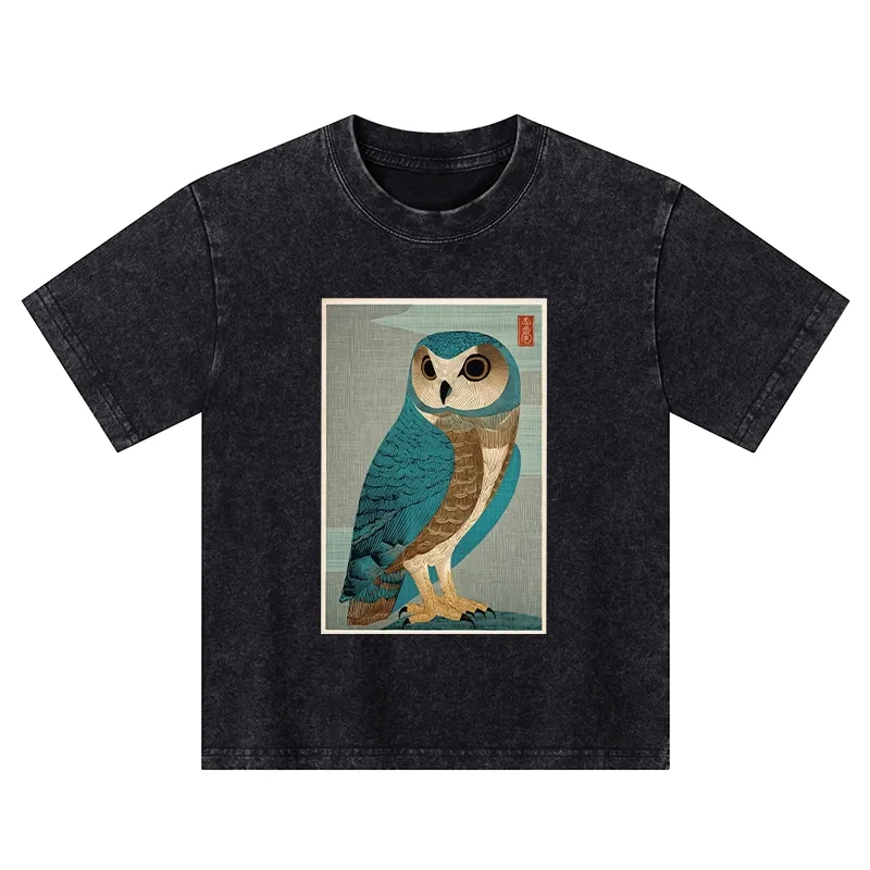 Tokyo-Tiger Vintage Owl Woodblock Art Kids Washed T-Shirt