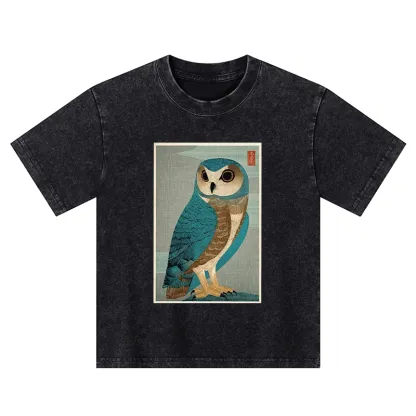 Tokyo-Tiger Vintage Owl Woodblock Art Kids Washed T-Shirt