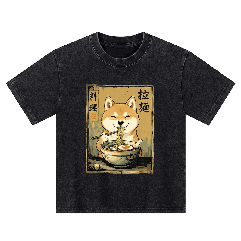 Tokyo-Tiger Happy Shiba Eating Ramen Kids Washed T-Shirt