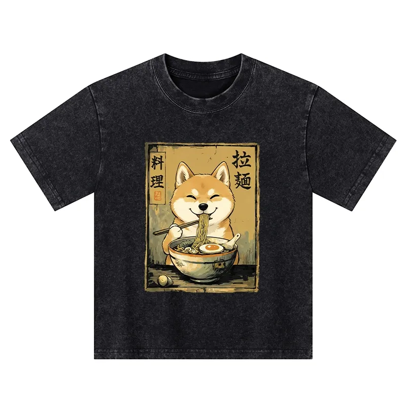 Tokyo-Tiger Happy Shiba Eating Ramen Kids Washed T-Shirt