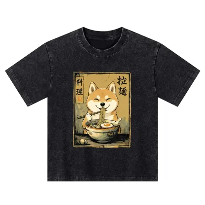 Tokyo-Tiger Happy Shiba Eating Ramen Kids Washed T-Shirt