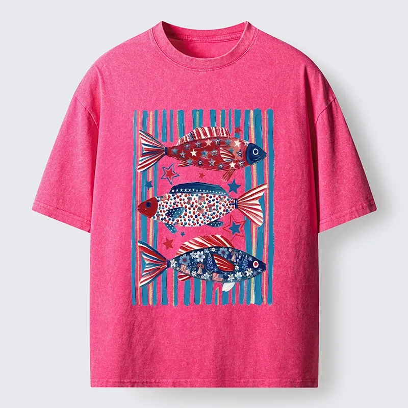 Tokyo-Tiger Vibrant Independence Day Star Decorated Fish Washed T-Shirt