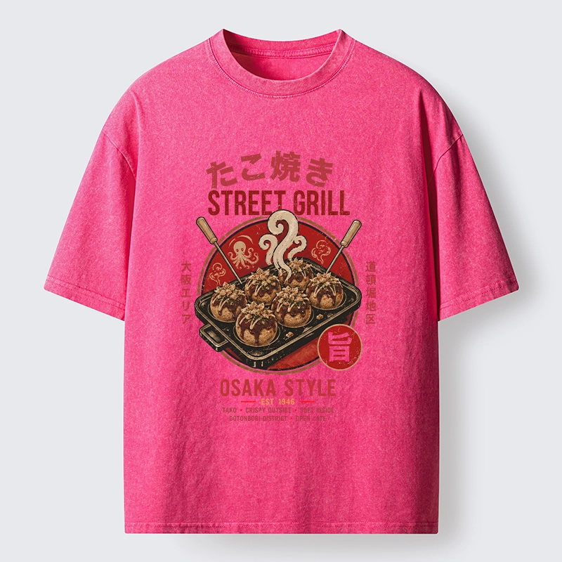 Tokyo-Tiger Osaka Takoyaki Street Grill Art Washed T-Shirt