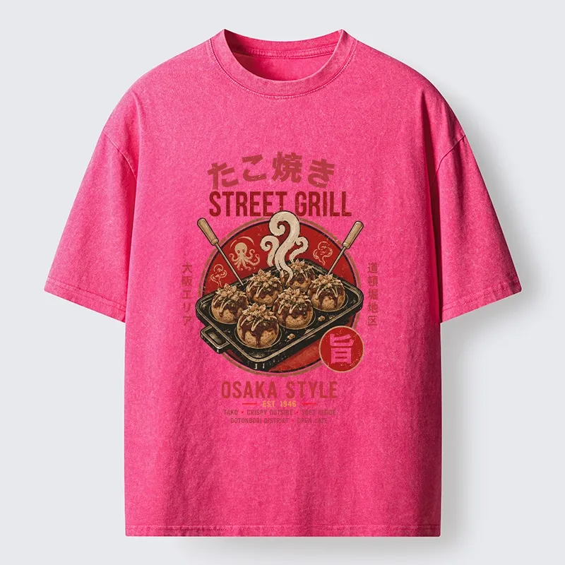 Tokyo-Tiger Osaka Takoyaki Street Grill Art Washed T-Shirt