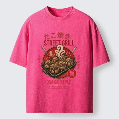 Tokyo-Tiger Osaka Takoyaki Street Grill Art Washed T-Shirt