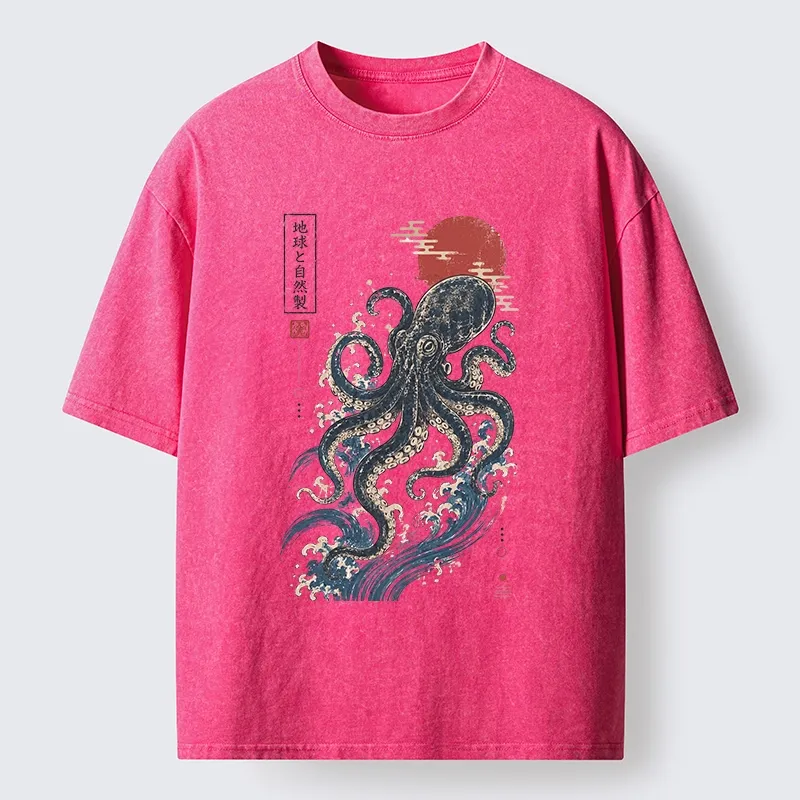 Tokyo-Tiger Traditional Japanese Wave Red Sun Octopus Washed T-Shirt