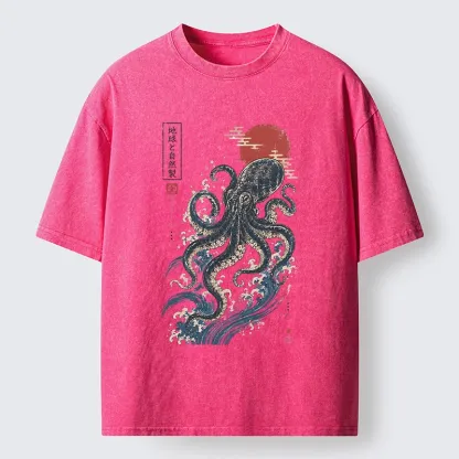 Tokyo-Tiger Traditional Japanese Wave Red Sun Octopus Washed T-Shirt