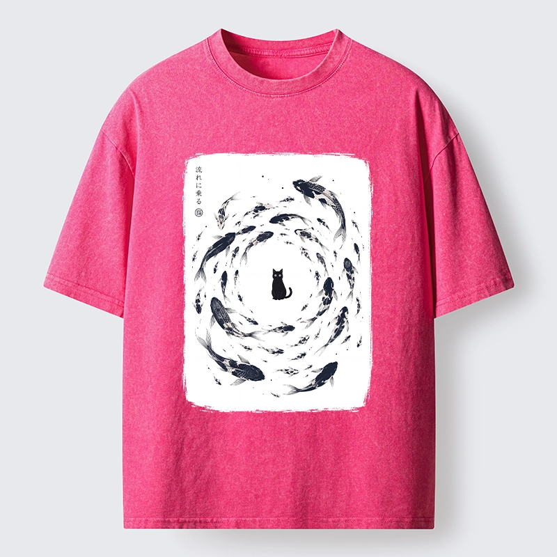 Tokyo-Tiger Traditional Japanese Carp Circle Cat Washed T-Shirt