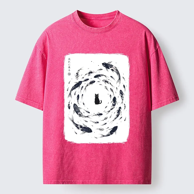 Tokyo-Tiger Traditional Japanese Carp Circle Cat Washed T-Shirt