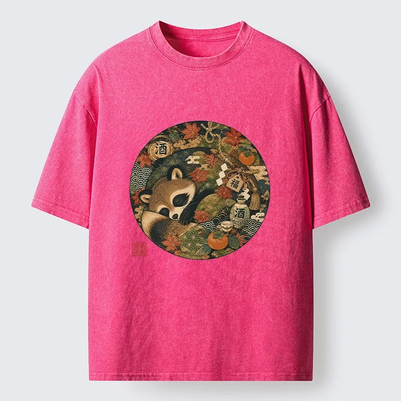Tokyo-Tiger Sleepy Raccoon Enjoys Autumn Sake Break Washed T-Shirt