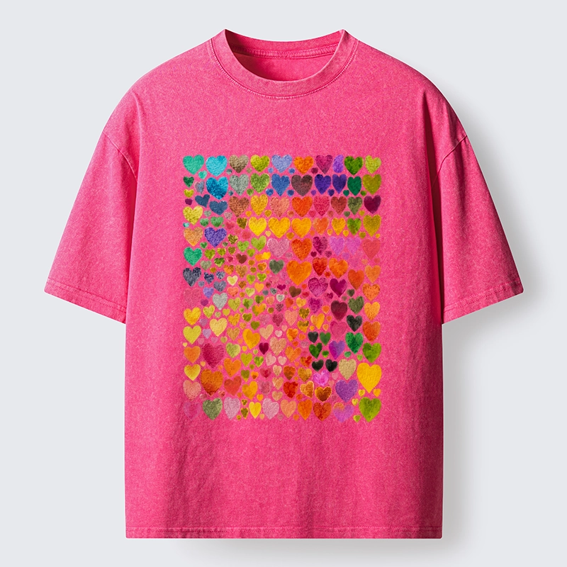Tokyo-Tiger Rainbow Hearts Fill Full Art Grid Washed T-Shirt