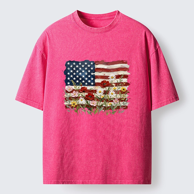 Tokyo-Tiger Floral Accents On Textured Flag Art Washed T-Shirt