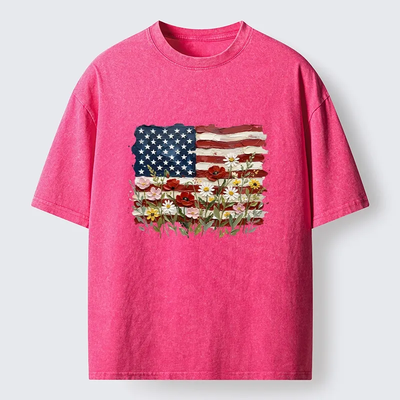 Tokyo-Tiger Floral Accents On Textured Flag Art Washed T-Shirt