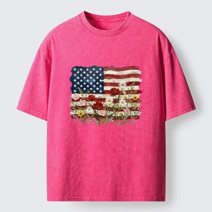 Tokyo-Tiger Floral Accents On Textured Flag Art Washed T-Shirt