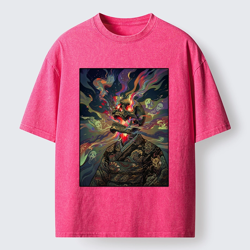 Tokyo-Tiger Colorful Flame Spirits Around Dead Head Washed T-Shirt
