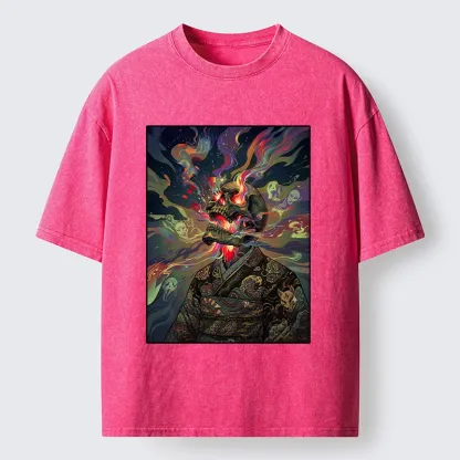 Tokyo-Tiger Colorful Flame Spirits Around Dead Head Washed T-Shirt