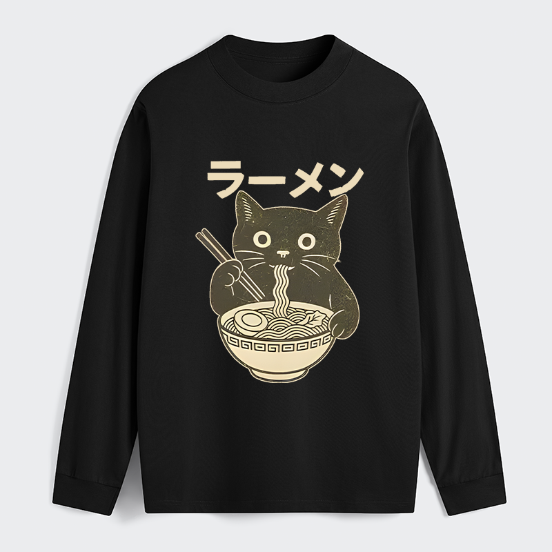 Tokyo-Tiger Simple Black Cat Eating Ramen Classic Long Sleeve T-Shirt