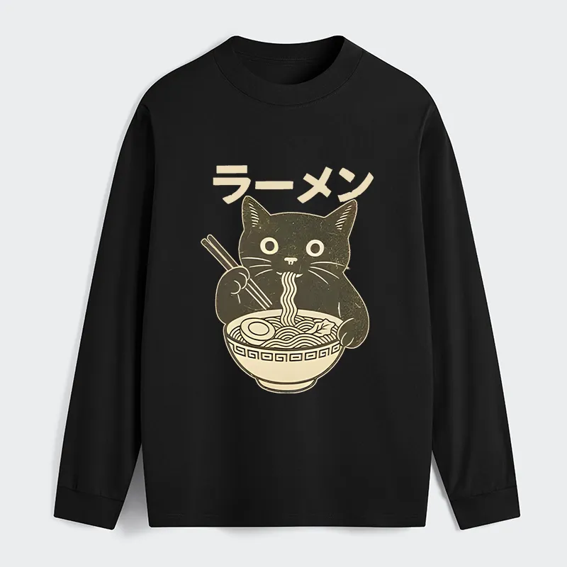 Tokyo-Tiger Simple Black Cat Eating Ramen Classic Long Sleeve T-Shirt