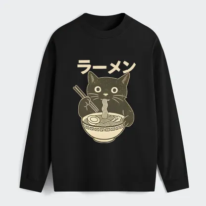 Tokyo-Tiger Simple Black Cat Eating Ramen Classic Long Sleeve T-Shirt