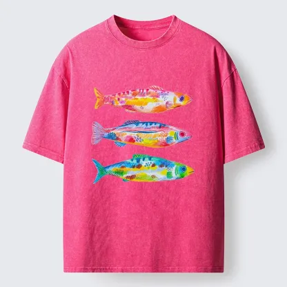 Tokyo-Tiger Colorful Hand Drawn Fish Washed T-Shirt