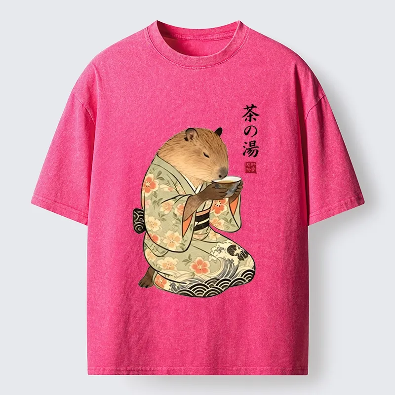 Tokyo-Tiger Capybara Drinking Tea In Kimono Washed T-Shirt