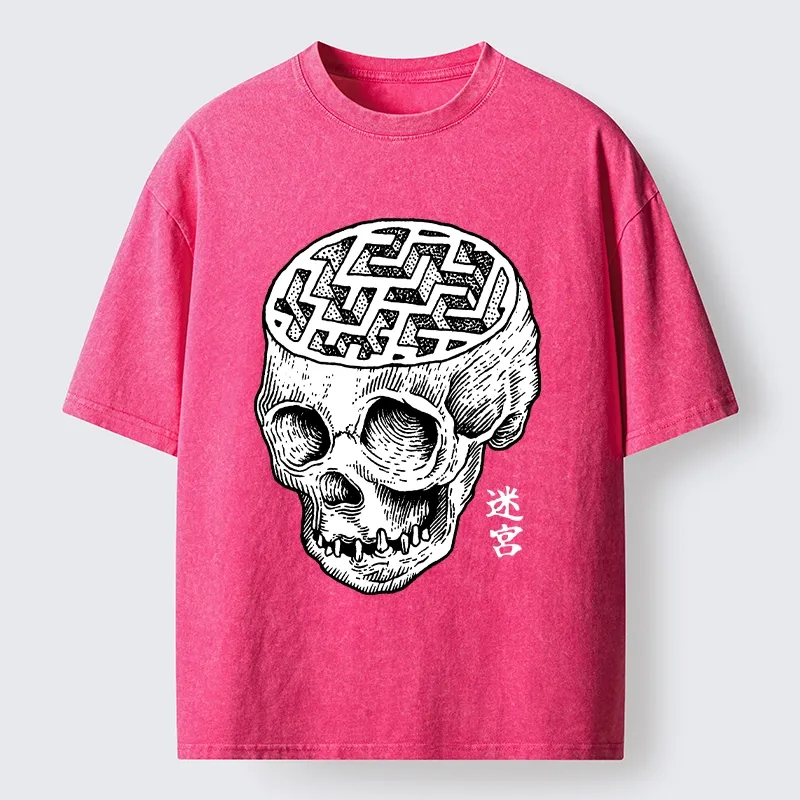 Tokyo-Tiger Skull With Brain Maze Washed T-Shirt