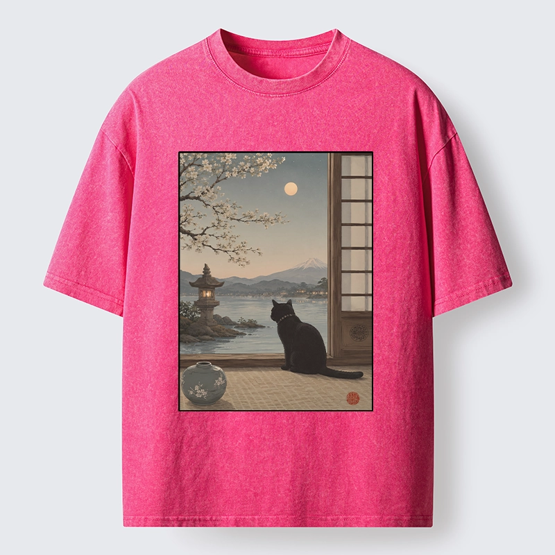 Tokyo-Tiger Black Cat Watching Mount Fuji At Night Washed T-Shirt