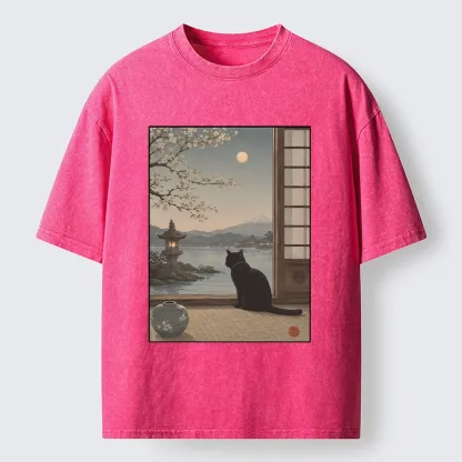 Tokyo-Tiger Black Cat Watching Mount Fuji At Night Washed T-Shirt